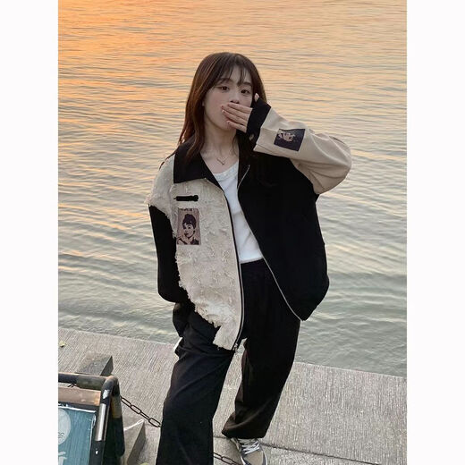 Tangxiang Jacket Women's Spring and Autumn Versatile Autumn Wear Student Trendy Brand High-Quality Street-Friendly Spring and Autumn American Retro High Street Jacket 2340# Black 2XL