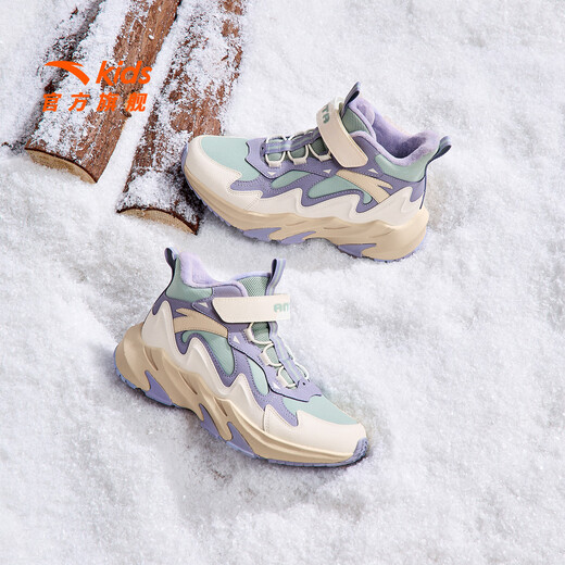 ANTA children's cotton shoes for girls and boys 2025 winter plus velvet warm knob buckle snow non-slip mountain and river high-top cotton boots recommended by the store manager Yuwuqing/Ivory White/Poplar Purple-5 39 Inner length of the shoe 24.5cm