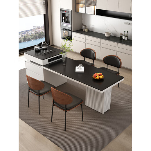 Quanyou (QUANU) 2025 new slate island dining table integrated home retractable 2025 new light luxury multifunctional solid wood rice cooker electric tea stove + tea tray island dining table + 4 hundred bird chairs orbital socket 75cm 200x80x