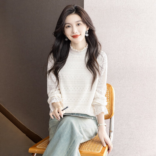 Sibaishe French solid color lace shirt for women 2025 autumn new long-sleeved lady inner wear slim shirt