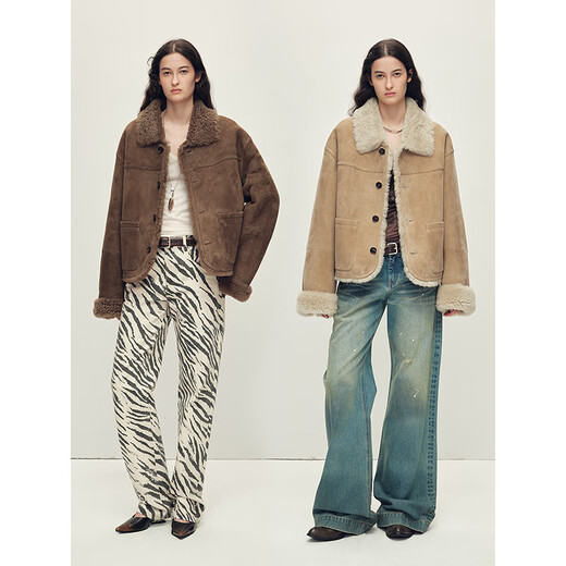 Fu Zhien Christmas Market Contrast Lapel Shaved Pressed Merino Fur One-piece Fur Short Jacket Light Khaki Australian Imported Matte Velvet Merino M