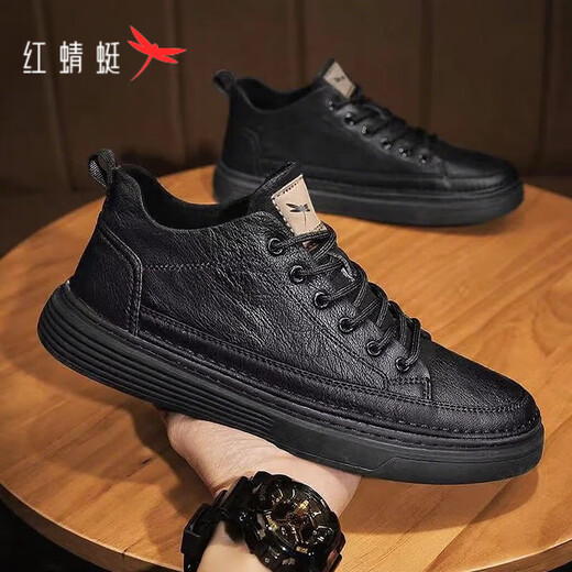 Red Dragonfly Men's Shoes Business Casual Leather Shoes Men's 2025 Autumn and Winter New Style Sneakers Men's Versatile Cowhide and Velvet Warm Shoes Men's All Black 7002 41 (255)