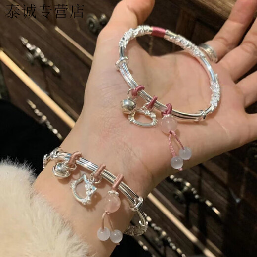 KZD2025 spring and summer new style 999 pure silver kitty silver bracelet sterling silver solid bell bracelet ins high-value bracelet flower kitty bell 28g with certificate gift box old