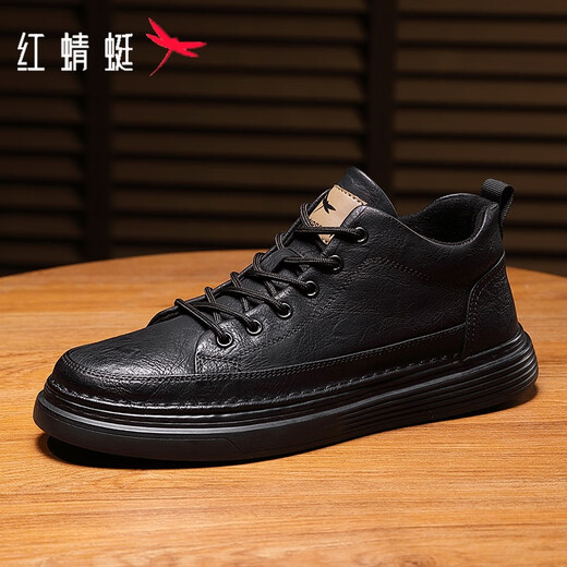 Red Dragonfly Men's Shoes Business Casual Leather Shoes Men's 2025 Autumn and Winter New Style Sneakers Men's Versatile Cowhide and Velvet Warm Shoes Men's All Black 7002 41 (255)