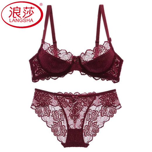 LangSha Red Pure Desire Sexy Underwear Women's Zodiac Year Set Lace Ultra-Thin Push-Up Breast-Reducing Anti-Sagging Bra Burgundy Set High-End Underwear Gift Box 75A (34)