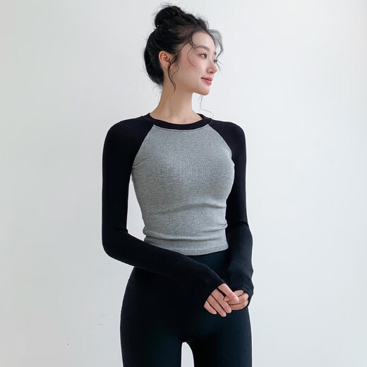 LULU Flagship Store Quick-drying Slimming Sports Top Women's Running Fitness Wear Long Sleeve Tight Pilates Training Wear Yoga Black and Gray M