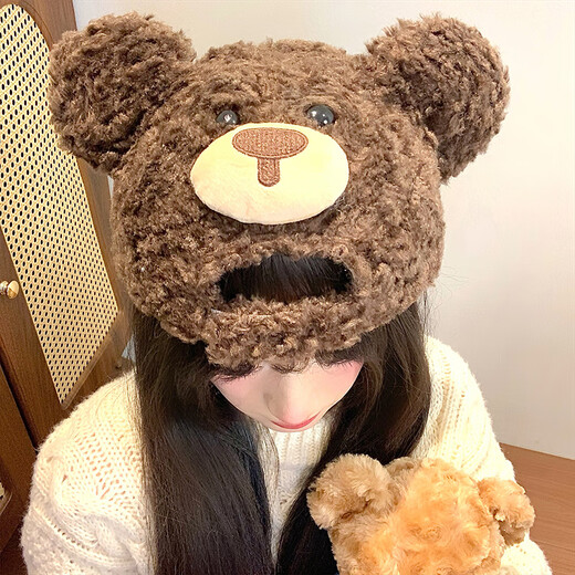 Check the front and back of Bear Ear Lambs Velvet Baseball Cap for Women in Autumn and Winter, Wide Brim, Big Face, Small Warm Duck Hat, Bear Duck Hat - Coffee, Front and Back Wearable