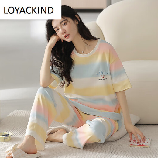LOYACKIND summer short-sleeved pajamas suit trousers 100 cotton women's sports cotton home clothes thin large size can be worn outside Y9711 M