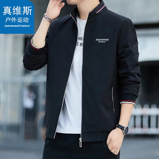 Jeanswest outdoor sports jacket men's spring and autumn coat winter trendy stand-up collar loose fashion personality couple baseball uniform black XL