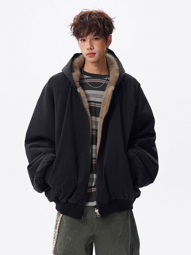 OEMG reversible imitation rabbit fur mountain carving cotton jacket for men in autumn and winter, thickened warm trendy brand jacket, brown color, reversible XL, recommended 110-130Jin Jin equals 0.5kg