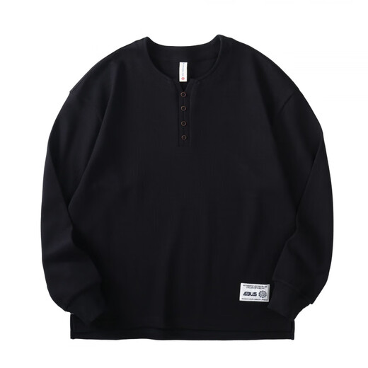 Kuraishi Kazuki autumn heavy cotton men's long-sleeved T-shirt loose large size American fashion brand casual Henry collar bottoming shirt sweatshirt black M suitable for 110-130Jin Jin equals 0.5 kg