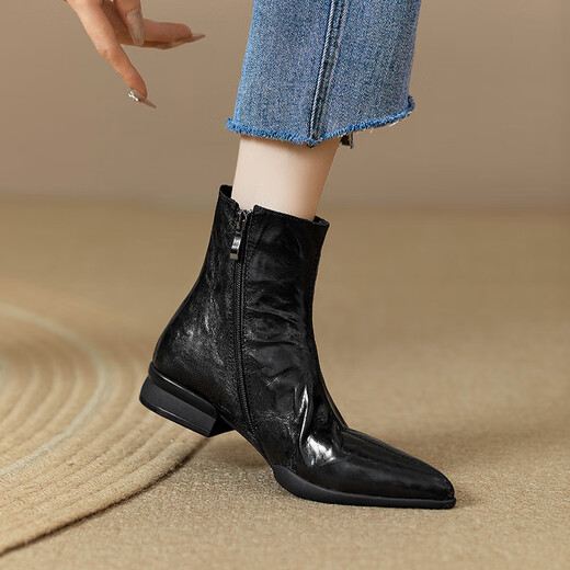 Belle Retro Sheepskin Short Boots Women's Thick Heel Pointed Toe Ankle Boots Chelsea Boots Martin Boots Spring and Autumn Single Boots Winter Plus Velvet Black Single Liner 39