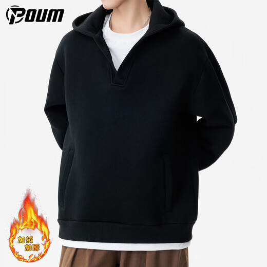 POUM fake two-piece velvet hooded sweatshirt men's winter thickened warm casual jacket HWY919 graphite black XL