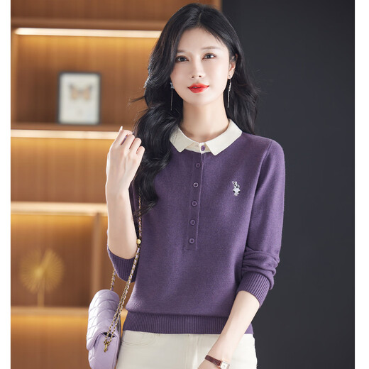 Snow Flying (SNOWFLYING) exquisite embroidered pullover women's lapel long-sleeved fashionable color matching age-reducing and slimming women's knitted tops 25 autumn and winter