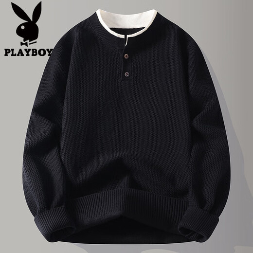 Playboy (PLAYBOY) heavy fake two-piece sweater for men winter 2025 American retro sweater thickened warm henley collar sweater jacket light gray XL