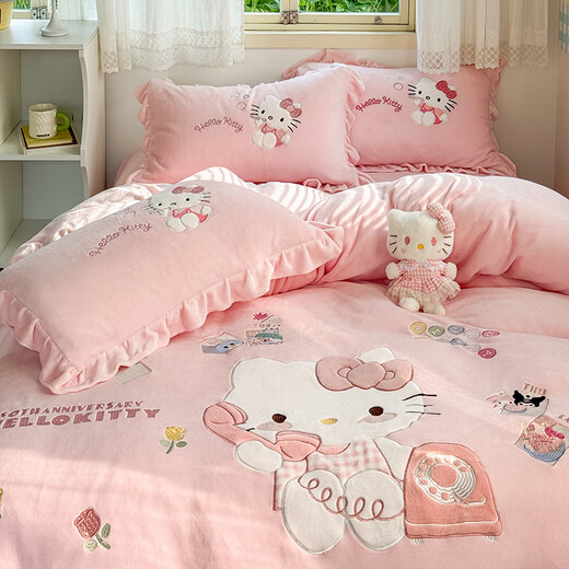 Class A high-end milk velvet bed four-piece children's quilt cover bed sheet coral velvet quilt plus velvet thickened winter cute KT cat Class A thickened warm anti-static 1.8m bed sheet four-piece set quilt cover 200x230