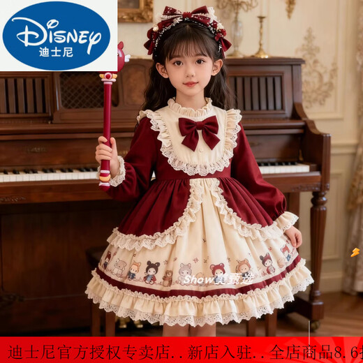 Disney Original Girls Lolita Princess Dress 25 New Children's Birthday Dress Fashionable Baby Girl Dress Autumn and Winter Burgundy 265 No Accessories 100 cm