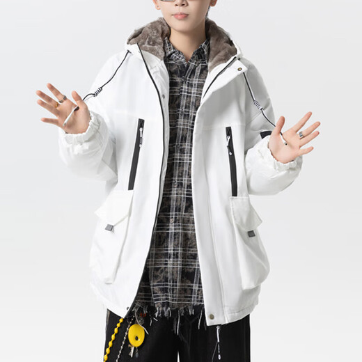 Teenage men's trendy autumn and winter workwear windproof jacket loose hooded jacket plus velvet thickened parka beige 4XL 195 size 180-200Jin Jin equals 0.5 kg
