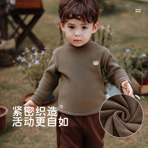 Rabbi children's top with velvet to keep warm for boys and girls, long-sleeved T-shirt, autumn and winter half turtleneck, brown 110