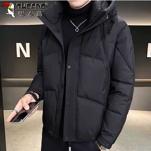 Woodpecker (TUCANO) Down Jacket Men's Winter Casual Jacket Hooded Thickened Short Bread Jacket Cold-proof and Warm Men's Clothing Black XL