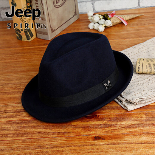 JEEP hat men's pure wool green middle-aged and elderly small top hat autumn and winter warm outdoor British jazz hat manufacturer direct approval black M (56-58cm)