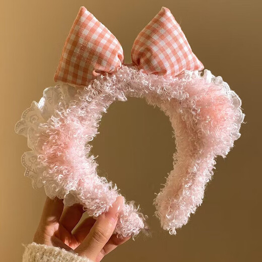 Cartoon Sweetheart Blush Bear Ears Bow Headband Lace Face Wash Women's Hairpin Cute Plush Headband Headdress Blush Bow-White Headband 1 Pack