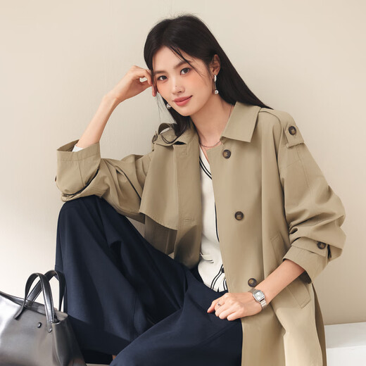 Eifini (eifini) Eifini classic micro-wide anti-wrinkle one-hand-length windbreaker for women 2025 autumn new Barn style commuter temperament coat Khaki S 80-110Jin Jin is equal to 0.5 kg