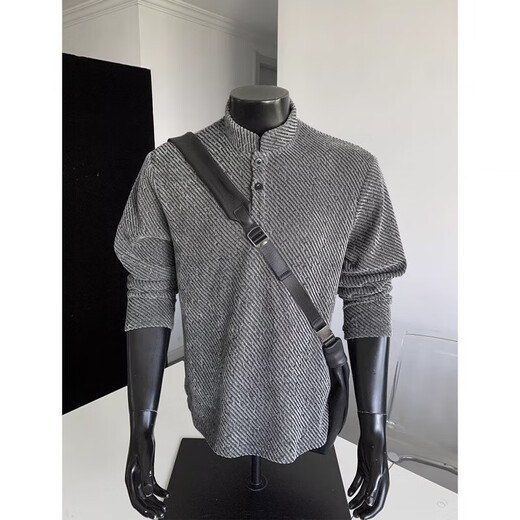 Diagonal striped Henry collar sweatshirt men's autumn heavyweight small fragrance polo shirt T-shirt American style inner layering shirt jacket black XL recommended 120-140Jin Jin equals 0.5 kg
