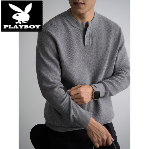 Playboy (PLAYBOY) autumn and winter thick waffle henley sweater men's long-sleeved casual loose black sweater wool sweater versatile gray 2XL