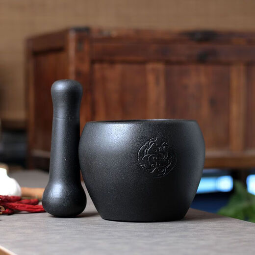 Shijin stone mortar large handmade black gold stone mortar garlic grinder medicine jar stone cup hammer stone nest stone pounder stone ladle 13CM