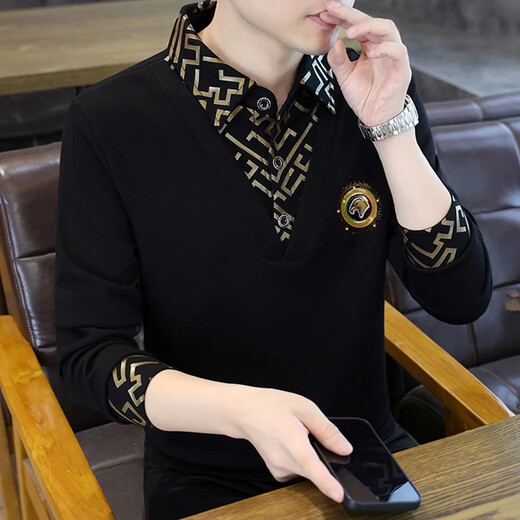 FZAF Light Luxury Men's Paul POLO Shirt Men's Long Sleeve 2025 Spring and Autumn New High-end Fashion Brand Fashion Casual Velvet T-shirt Black Bee Regular XL (Recommended 135-150 Jin Jin equals 0.5 kg)