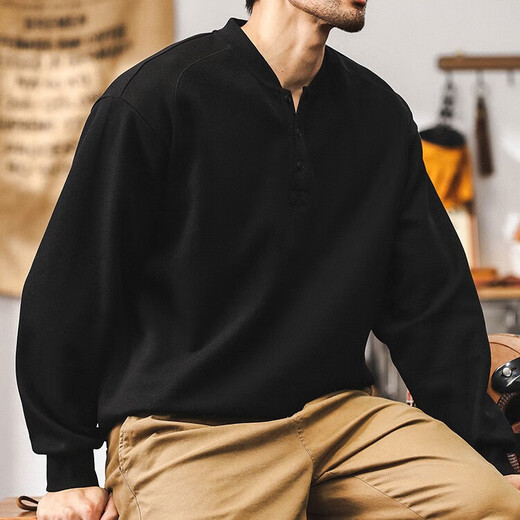 Jeanswest American retro heavyweight sweatshirt men's autumn trendy Henry collar half cardigan jacket men's spring and autumn long-sleeved POLO shirt black 350g heavy 2XL suitable for 160-180Jin Jin equals 0.5 kg