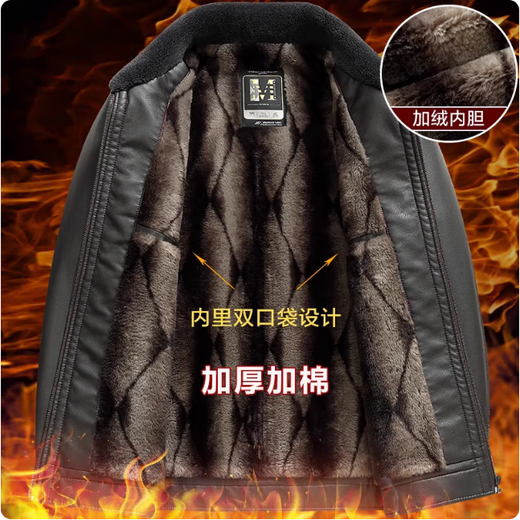 花花公子（PLAYBOY）爸爸冬装外套中年加绒加厚皮衣服男中老年人皮毛一体皮夹克 黑色 M 170/84A适合80-100斤