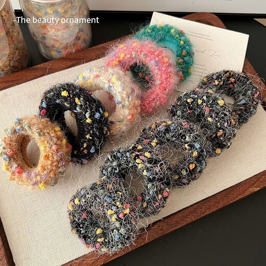 Colorful wool knitted hair tie, high elasticity and durability, towel ring, thick rubber band, women's hair tie, autumn and winter headband, W ponytail colorful dot hair tie, mixed color (set of 5)