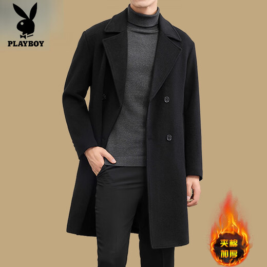 Playboy (PLAYBOY) woolen coat men's medium-length cashmere coat for young and middle-aged men's windbreaker thickened high-end woolen coat winter black (plus cotton) thick XL 180 (recommended 140Jin Jin equals 0.5kg -155Jin Jin equals 0.5kg)