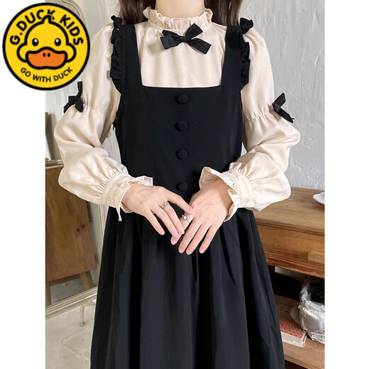 G.duck Girls' French Bow Dress Autumn and Winter Puff Sleeve Lolita Suspender Dress Fake Two-piece Dress Black 120 cm