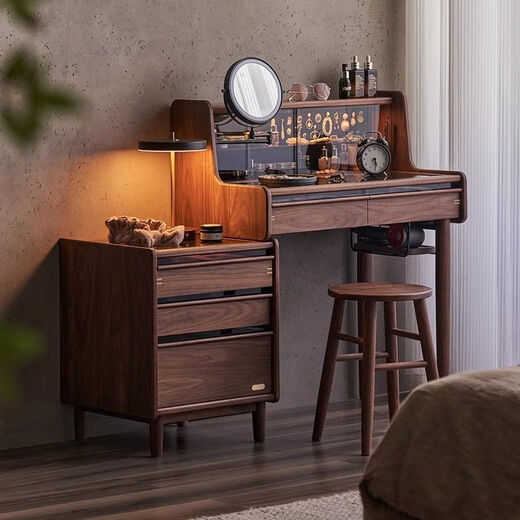 Zailu solid wood retractable dressing table bedroom dressing table bedside table integrated black walnut small apartment bedside desk mirror floating life like a dream - retractable dressing table + round stool