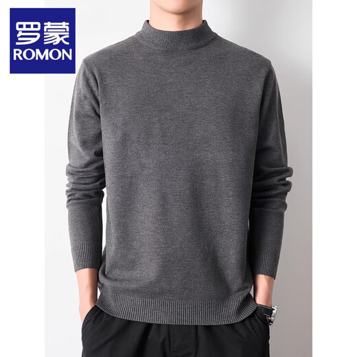 ROMON Men's half turtleneck pullover men's autumn and winter style regular black inner mid-collar knitted bottoming sweater high collar dark gray R warm plus velvet 2XL recommended 145-165Jin Jin equals 0.5 kg