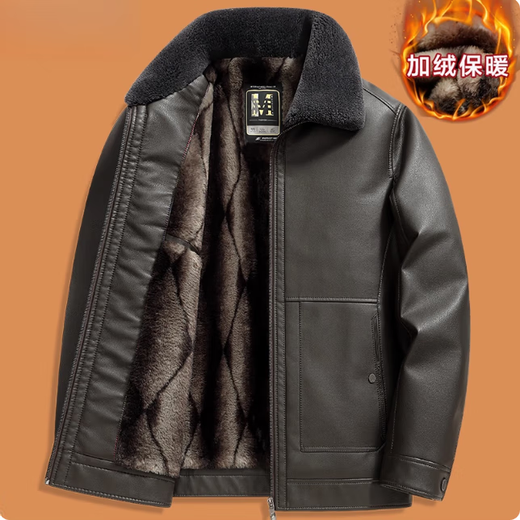 花花公子（PLAYBOY）爸爸冬装外套中年加绒加厚皮衣服男中老年人皮毛一体皮夹克 黑色 M 170/84A适合80-100斤