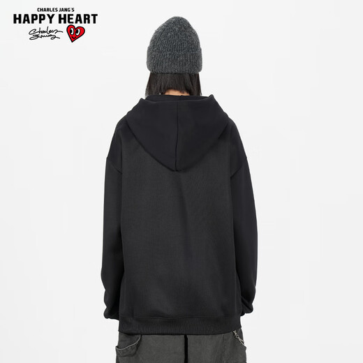 Charles Heart Hooded Sweatshirt for Men and Women Couples Same Style Solid Color Basic Versatile Plus Velvet Thickened Pullover Top Black XL