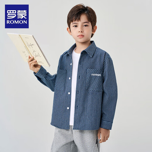 Romon Boys Striped Shirt New Fashionable Children's Autumn and Winter Jacket Trendy Handsome Spring and Autumn Thick Shirt Blue 160