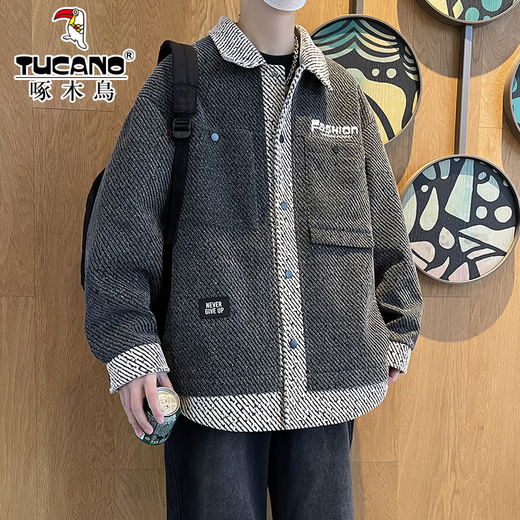 Woodpecker Jacket Men's 2025 Autumn and Winter Youth Loose Tops Trendy and Handsome Large Size Men's Tops Gray XL (120-140Jin Jin equals 0.5kg)