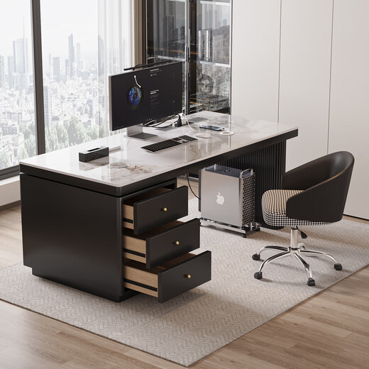 Verdainton Italian light luxury style computer desk bedroom student study table new home slate desk study office writing desk black feet + black cabinet + Chanel glossy 160*60*75 single table with desktop power strip + threading hole + host position