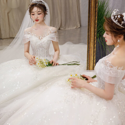 Zhizhou Xian Pauline one-shoulder light wedding dress 2024 temperament main gauze bride summer cover thick arms big tail princess style floor-length standard mid-waist veil skirt support M one size
