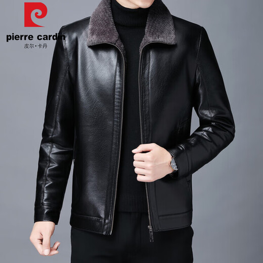 Pierre Cardin high-end winter velvet thickened Haining leather jacket for men, lamb velvet, middle-aged dad, fur all-in-one leather jacket, black L, suitable for 90-115