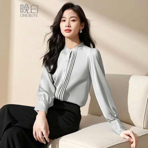 Late White New Product French Satin Versatile Shirt Women's 2025 Temperament Shirt Versatile Top Silver Gray L