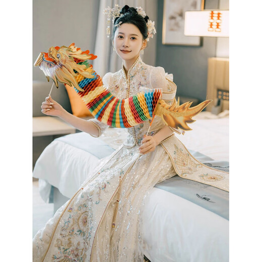 ROAR UTHAUG Show and Clothing 2025 New Champagne Color New Chinese Style Wedding Dress Elegant Small Wedding Toast Outfit Outfit XH1434 Qian Yan No Headgear S