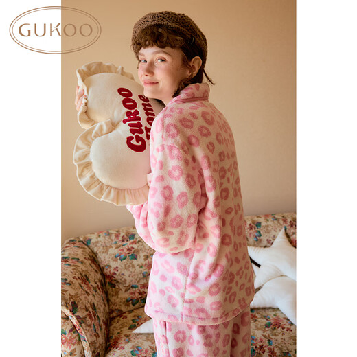 果壳（Gukoo）睡衣女冬季新款mikko毛绒保暖舒适豹纹女士家居服套装 玫瑰粉 M
