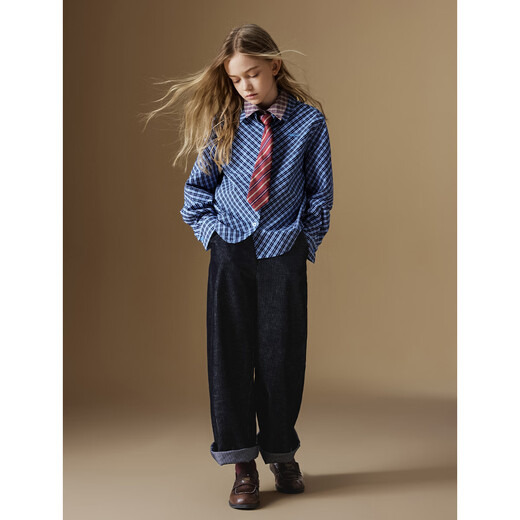 ELLE KIDS children's clothing plaid embroidered long-sleeved shirt girls autumn new classic retro college style top navy blue plaid 165 (M)