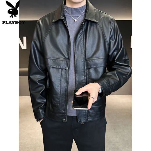 Playboy (PLAYBOY) men's leather jackets, trendy Korean style casual lapels, versatile handsome style motorcycle tops, men's jackets, black M